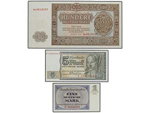 Lote 3 billetes 1, 5 y 100 Marcos. 1955, ... 