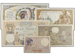Lote 5 billetes 5,1000 (2), 5000 Francos y ... 