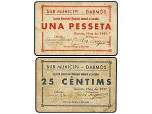 Catalonia - Lote 2 billetes 25 Cèntims y 1 ... 