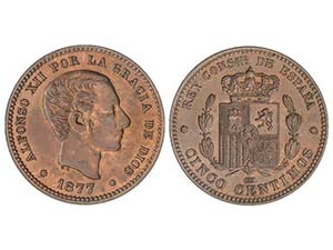 5 Céntimos. 1877. BARCELONA. O.M. Color y ... 
