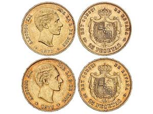 Lote 2 monedas 25 Pesetas. 1877 (*18-77) y ... 