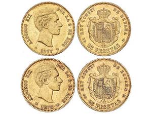 Lote 2 monedas 25 Pesetas. 1877 (*18-77) y ... 