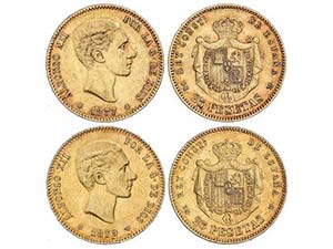 Lote 2 monedas 25 Pesetas. 1877 y 1879. 1877 ... 