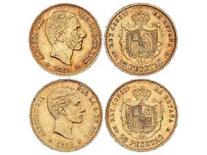 Lote 2 monedas 25 Pesetas. 1880 (*18-80) y ... 