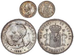 Lote 2 monedas 50 Céntimos y 5 Pesetas. ... 