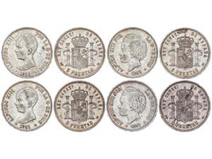Lote 4 monedas 5 Pesetas. 1888, 1891, 1892 y ... 