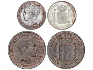 Lote 2 monedas 10 Céntimos y 1 Peseta. 1879 ... 