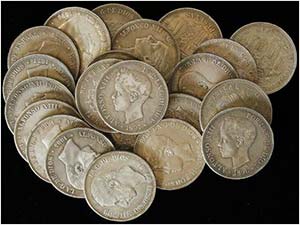 Lote 22 monedas 5 Pesetas. 1870 a 1899. ... 
