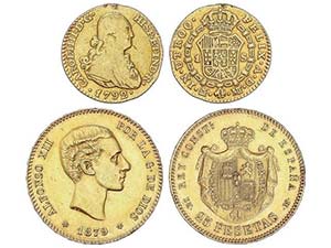 Lote 2 monedas oro. 1792 y 1879. CARLOS IV y ... 