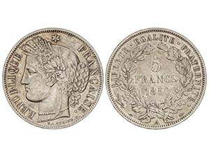 WORLD COINS: FRANCE - 5 Francos. 1850-A. ... 