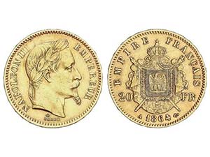 WORLD COINS: FRANCE - 20 Francos. 1864-A. ... 