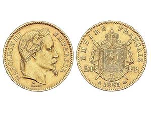 WORLD COINS: FRANCE - 20 Francos. 1865-A. ... 