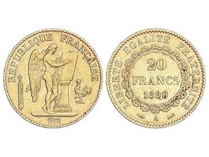 WORLD COINS: FRANCE - 20 Francos. 1890-A. ... 