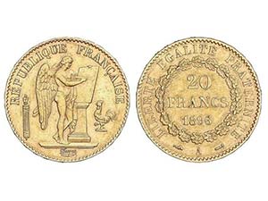 WORLD COINS: FRANCE - 20 Francos. 1896-A. ... 