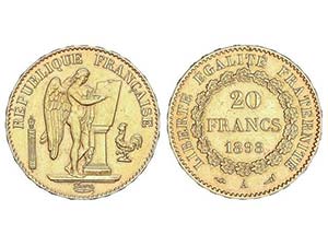 WORLD COINS: FRANCE - 20 Francos. 1898-A. ... 