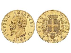 WORLD COINS: ITALY - 20 Liras. 1865-T. ... 