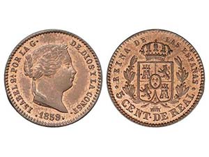 Elisabeth II - 5 Céntimos de Real. 1859. ... 