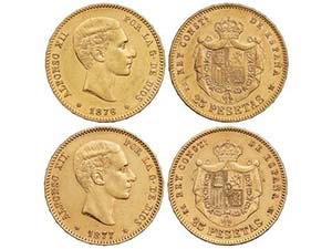 Lote 2 monedas 25 Pesetas. 1876 (*18-76) y ... 