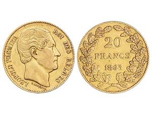 Belgium - 20 Francos. 1865. LEOPOLDO I. ... 