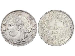 France - 5 Francos. 1870-A. III REPÚBLICA. ... 