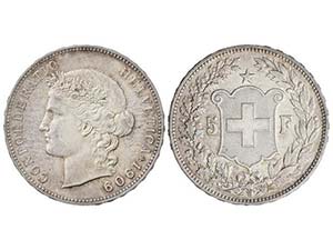 Switzerland - 5 Francos. 1909-B. BERNA. ... 