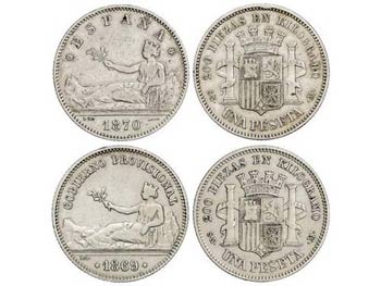 Lote 2 monedas 1 Peseta. 1869 y 1870 ... 