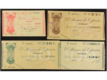 Spanish Civil War - Lote 4 billetes 5, 25, ... 