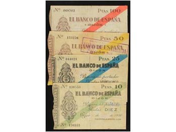 Spanish Civil War - Lote 4 billetes 10,25.50 ... 