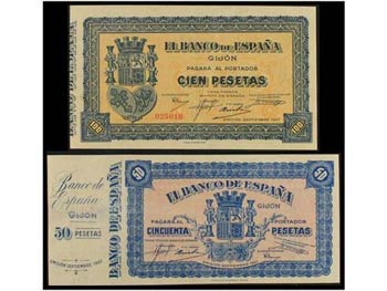 Spanish Civil War - Lote 2 billetes 50 y 100 ... 