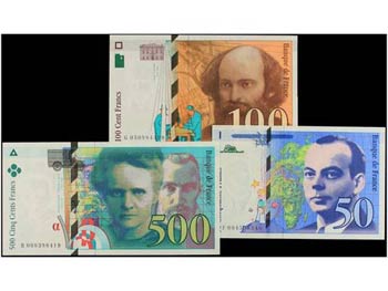 Lote 3 billetes 50, 100 y 500 Francos. ... 