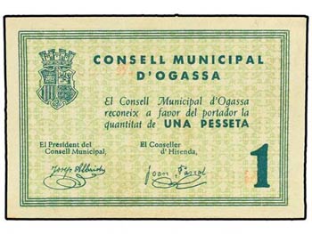 1 Pesseta. Juny 1937. C.M. d´ OGASSA. MUY ... 