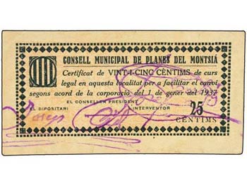 25 Cèntims. 1 Gener 1937. C.M. de PLANES DE ... 