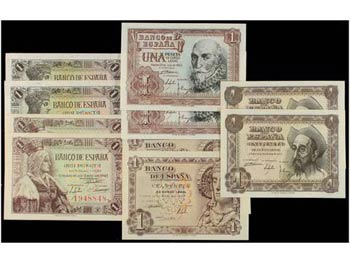 Lote 10 billetes 1 Peseta. 1943 a 1953. ... 