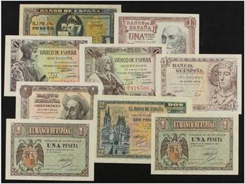 Lote 9 billetes 1 (8) y 2 Pesetas. 1938 a ... 