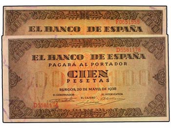 Lote 2 billetes 100 Pesetas. 20 Mayo 1938. ... 