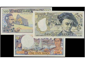 Lote 3 billetes 50 y 500 (2) Francos. 1985, ... 