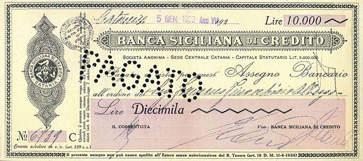 VARIE - Assegni  Banco di Sicilia ... 