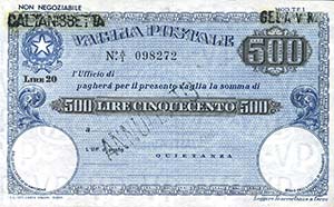 VARIE - Assegni  Vaglia postale da 500 lire ... 