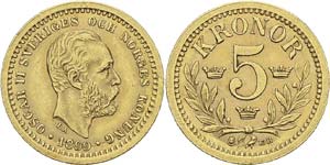 Suède
Oscar II (1872-1907)
5 couronnes or - ... 