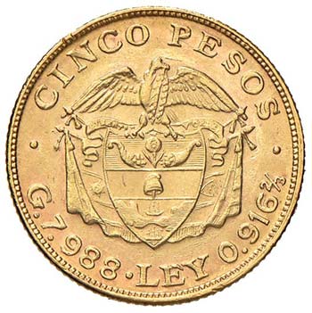 COLOMBIA - CINQUE PESOS 1919 KM. ... 