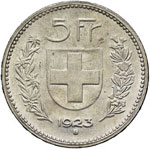 SVIZZERA - CINQUE FRANCHI 1923 KM. 37  AG  ... 