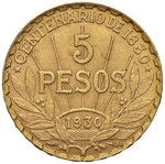 URUGUAY - CINQUE PESOS 1930 KM. 27  AU  GR. ... 