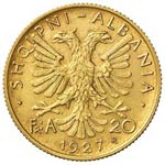ALBANIA - VENTI FRANCHI 1927 KM. 10  AU  GR. ... 