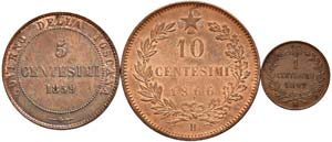 LOTTO DI 3 MONETE IN CU 5 CENTESIMI 1859 ... 