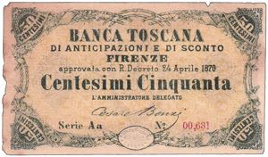 BANCA TOSCANA - 50 Cent. - Serie Aa 00,631.  ... 