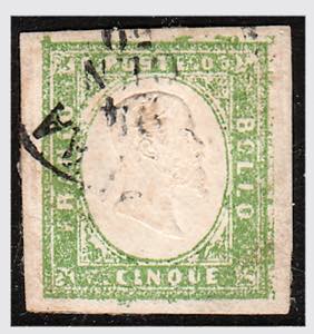 1859 -  5 c. verde giallo  stampa difettosa ... 