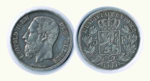 BELGIO - Leopoldo II - 5 Franchi 1869.   - ... 