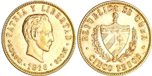 Cuba - 5 pesos 1916Au ; 8.36 gr ; ... 