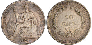 Cochinchine - 20 cent 1884 AAr ; 5.43 gr ; ... 