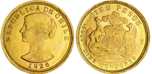Chili - 100 pesos 1926Au ; 20.35 gr ; 31 mm